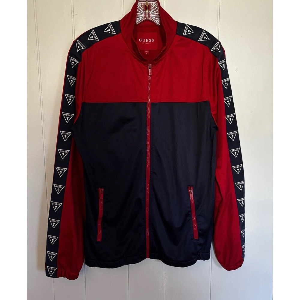 GUESS Womens M Track Jacket Red Navy Logo Tape Sleeves Y2K Sport Athleisure